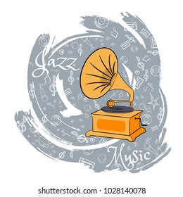 The gramophone. Tool for listening vinyl records. Listen to music. On an abstract gray background with musical particles. Vector illustration.