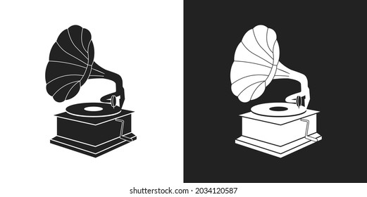 Icono vector gramófono sobre fondo blanco y negro.