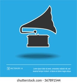 Gramophone vector icon. Simple isolated symbol EPS 10. Black and white pictogram on blue background.