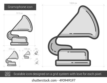 Icono de línea vectorial de gramófono aislado en fondo blanco. Icono de línea de gramófono para infografía, sitio web o aplicación. Icono escalable diseñado en un sistema de cuadrícula.
