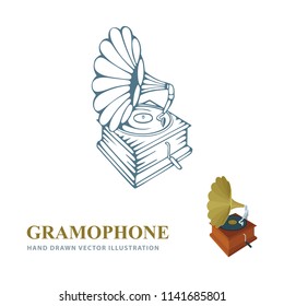 Gramophone. Vintage gramophone hand drawn vector illustrations set.
Old gramophones in different drawing styles isolated on white background.
Retro music concept. Gramophone sketch.