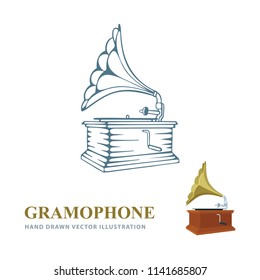 Gramophone. Vintage gramophone hand drawn vector illustrations set.
Old gramophones in different drawing styles isolated on white background.
Retro music concept. Gramophone sketch.