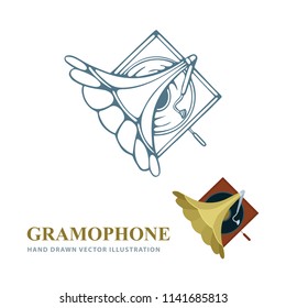 Gramophone. Vintage gramophone hand drawn vector illustrations set.
Old gramophones in different drawing styles isolated on white background.
Retro music concept. Gramophone sketch.