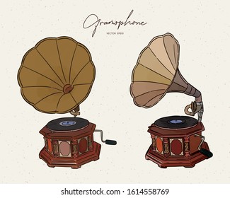 gramophone- vintage hand drawn vector Illustration realistic sketch.