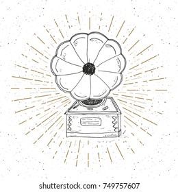 Gramophone vintage label, Hand drawn sketch, grunge textured retro badge, typography design t-shirt print, vector illustration .