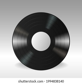 Gramophone vinyl LP record with empty white label. Black musical long play album disc isolated on white background. 3d realistic vector illustration