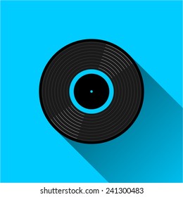 Gramophone vinyl LP record - icon. Black musical long play album disc with blue color label. old technology concept, flat and shadow theme design, vector art image illustration, isolated on background