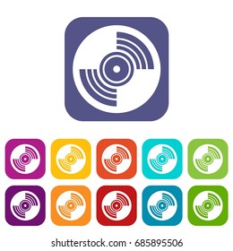 Gramophone vinyl LP record icons set vector illustration in flat style in colors red, blue, green, and other