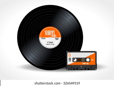 Gramophone vinyl LP record and music cassette with orange label. Long play album disc 33 rpm and compact audio tape - realistic retro design, vector art image illustration isolated on white background