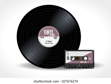 Gramophone vinyl LP record and music cassette with purple label. Long play album disc 33 rpm and compact audio tape - realistic retro design, vector art image illustration isolated on white background