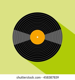 Gramophone vinyl LP record with music note. old technology, realistic retro design, vector art image illustration.
