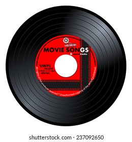 Gramophone vinyl LP record with red movie songs label. Black musical long play album disc 45 rpm. old technology, realistic retro design, vector art image illustration, isolated on white background