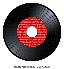 Gramophone vinyl LP record with red label with musical terms text. Black long play album disc 45 rpm. old technology, realistic retro design, vector art image illustration isolated on white background