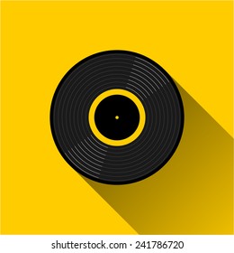 Gramophone vinyl LP record - web icon. Black musical long play album disc with yellow label. old technology concept, flat and shadow theme design, vector art image illustration, isolated on background