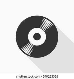 Gramophone vinyl LP record - web icon. Black musical long play album disc with white label. old technology concept, flat and shadow style design, vector art image illustration, isolated on background