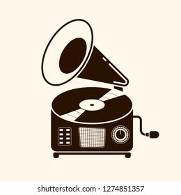 Gramophone vinyl record with label.  Old technology, retro sound design. Vector illustration