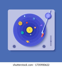 Gramophone with vinyl record in paper cut style. 3d illustration with space rocket and craft of solar system planets. Saturn Jupiter Venus Sun Neptune and galaxy. Vector party decoration card template