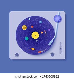 Gramophone with vinyl record in paper cut style. 3d illustration with space rocket and craft of solar system planets. Saturn Jupiter Venus Sun Neptune and galaxy. Vector party decoration card template