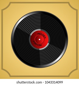 Gramophone vinyl record with red label. Retro design, art vector illustration isolated on vintage brown background.