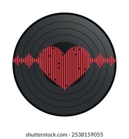 Gramophone vinyl record with a sound wave heart. Love music. Vector illustration