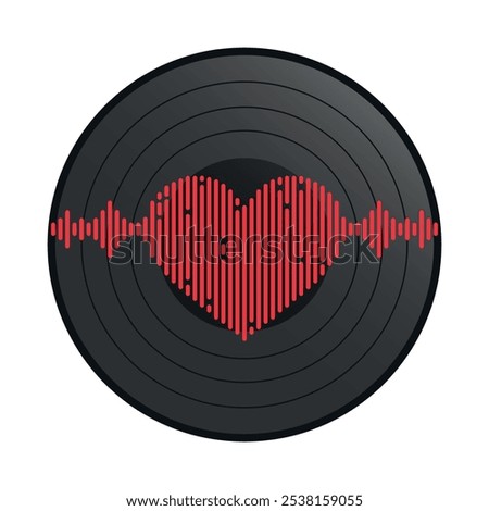 Gramophone vinyl record with a sound wave heart. Love music. Vector illustration