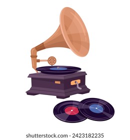 Gramophone and vinyl records. Antique music device, retro gramophone player for listening music flat vector illustration. Nostalgic phonograph on white