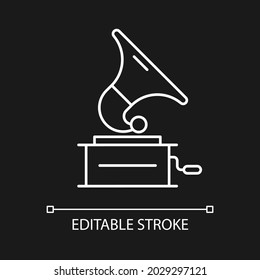Gramophone white linear icon for dark theme. Device for mechanical sound reproduction. Thin line customizable illustration. Isolated vector contour symbol for night mode. Editable stroke
