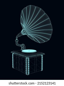 Gramophonrahmen aus blauen Linien einzeln auf dunklem Hintergrund. 3D. Vektorgrafik.