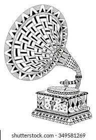 Gramophone. Zentangle stylized. Pattern. Vector illustration. Freehand pencil. Hand drawn.