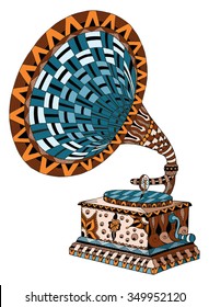 Gramophone. Zentangle stylized. Pattern. Vector illustration. Freehand pencil. Hand drawn. Color.