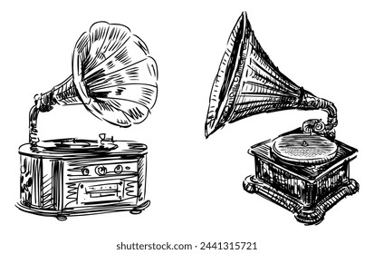 Gramófono, instrumento musical antiguo, música, tocar discos, estilo retro, bocetos, garabatos, vector blanco y negro dibujo a mano aislado en blanco