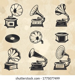 Gramophones collection. Vintage radio music symbols vinyl records vector pictures set