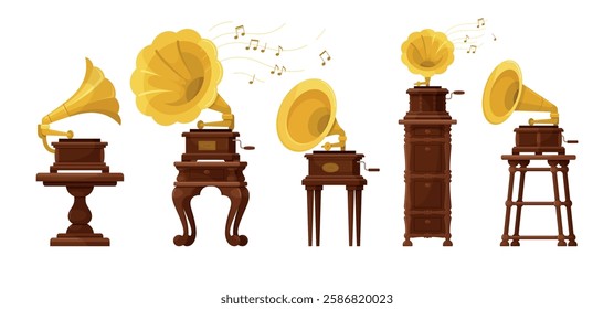 Gramophones with furniture vintage audio device for listening music set isometric vector illustration. Retro musical player on stand classic vinyl sound with megaphone and needle