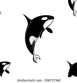 Grampus (killer whale) seamless pattern in doodle style on white background. Wild ocean animal wallpaper. Vector illustration for printing onto fabric.