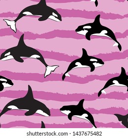 Grampus pink waves animals seamless vector pattern.Concept for print , textile, clothing design, paper design