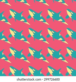 Grampus whale seamless vector pattern in neon colors.