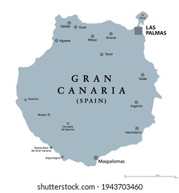 Gran Canaria gray political map with capital Las Palmas and important towns. Grand Canary Island, part of Spain, second most populous Island of Canary Islands, off the Atlantic coast of Africa. Vector