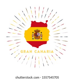 Gran Canaria sunburst badge. The island sign with map of Gran Canaria with Spanish flag. Colorful rays around the logo. Vector illustration.