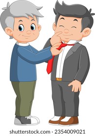 a gran father helping his Adult Son with put on a necktie of illustration