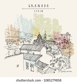 Granada, Andalusia, Spain. Aerial view of historical city and Cathedral. Hand drawing. Travel sketch. Vintage touristic postcard, poster or book illustration in vector