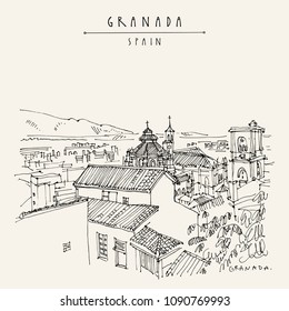 Granada, Andalusia, Spain. Aerial view of historical city and Cathedral. Hand drawing. Travel sketch. Vintage touristic postcard, poster or book illustration in vector