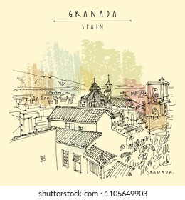 Granada, Andalusia, Spain. Aerial view of historical city and Cathedral. Hand drawing. Travel sketch. Vintage touristic postcard, poster or book illustration in vector