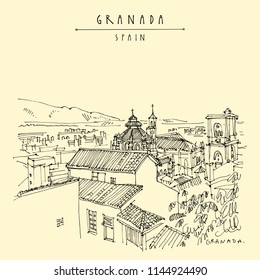 Granada, Andalusia, Spain. Aerial view of historical city and Cathedral. Hand drawing. Travel sketch. Vintage touristic postcard, poster or book illustration in vector