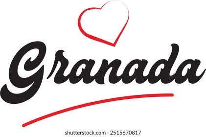 Projeto de texto da cidade de Granada com design de ícone tipográfico de coração vermelho adequado para promoção turística