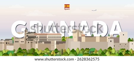Granada cityscape colorful vector illustration with big city name on the background. Travel trendy poster