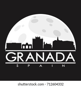 Granada Full Moon Night Skyline Silhouette Design City Vector Art