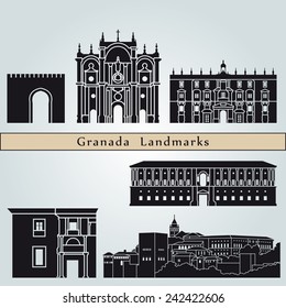 Granada landmarks and monuments isolated on blue background in editable vector file