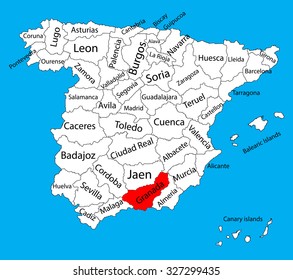 Granada map silhouette vector. Spain province. Spain with separated regions isolated on background. Spain autonomy areas map. Editable vector map of Spain.