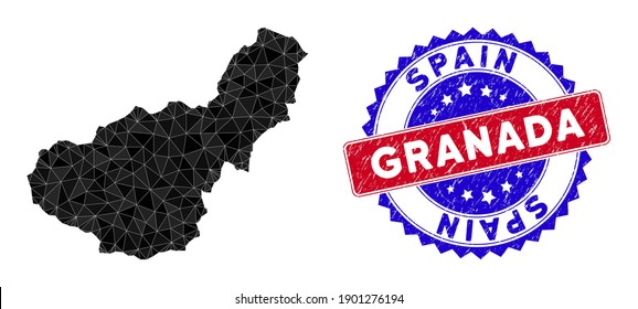 Granada Province map polygonal mesh with filled triangles, and textured bicolor stamp. Triangle mosaic Granada Province map with mesh vector model, triangles have variable sizes, and positions,