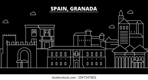 Granada silhouette skyline. Spain - Granada vector city, spanish linear architecture, buildings. Granada travel illustration, outline landmarks. Spain flat icon, spanish line banner